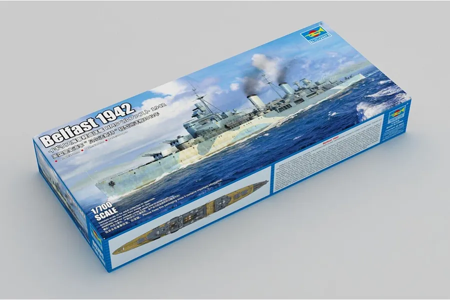 Trumpeter 1/700 scale HMS Belfast 1942 plastic model kit box showing artwork of the ship at sea.