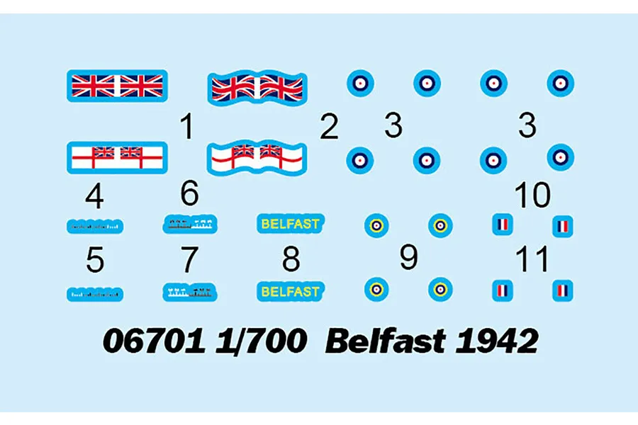 A decal sheet for the Trumpeter 1/700 HMS Belfast 1942 model kit, featuring flags, roundels, and ship name plates labeled with numbers.