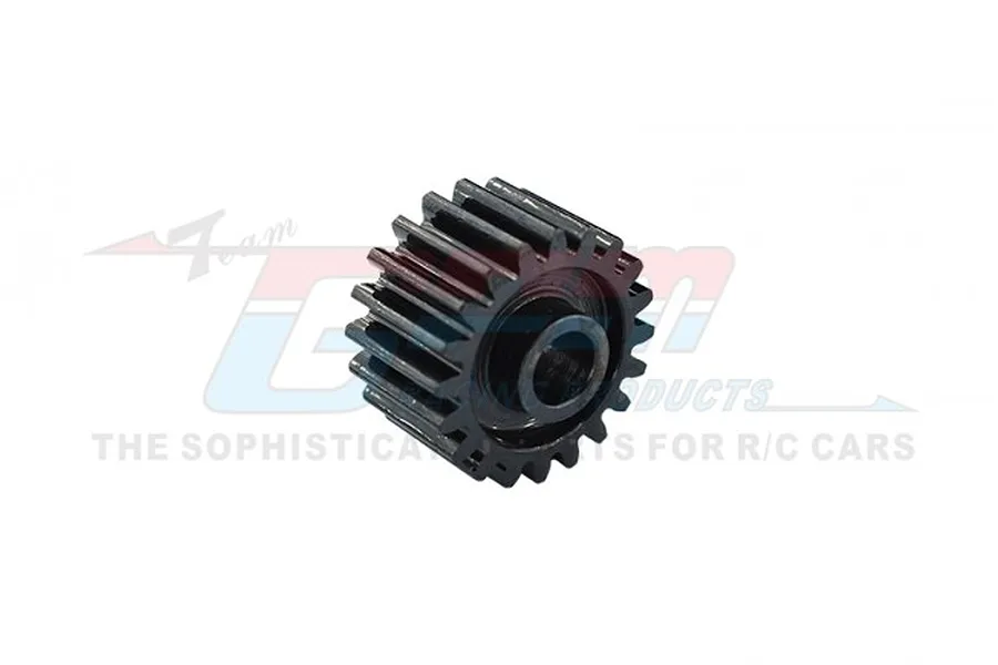 A black carbon steel 20-tooth transmission input gear for RC vehicles, shown against a white background with a GPM Racing watermark.
