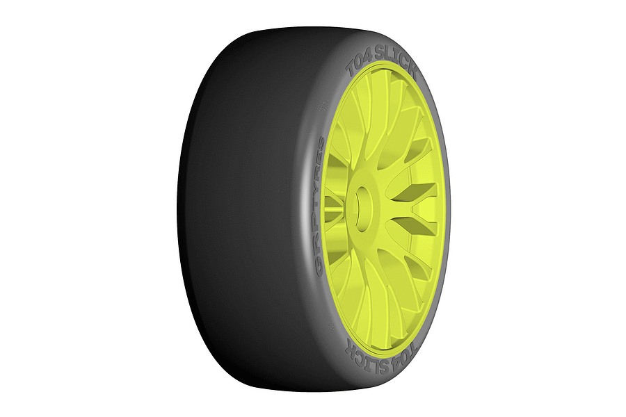 A single GRP T04 slick RC tyre mounted on a bright yellow multi-spoke rim against a white background.