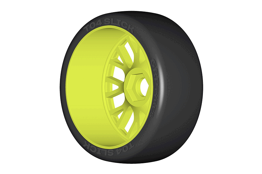 A single GRP T04 slick RC tyre mounted on a bright yellow multi-spoke wheel against a white background.