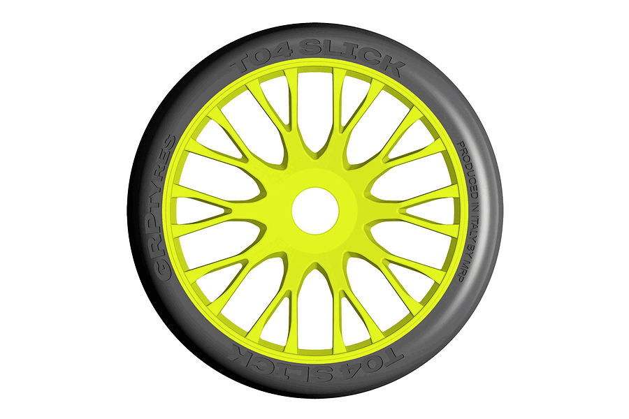 A single GRP T04 slick RC car tyre mounted on a bright yellow multi-spoke wheel, viewed from the front against a white background.
