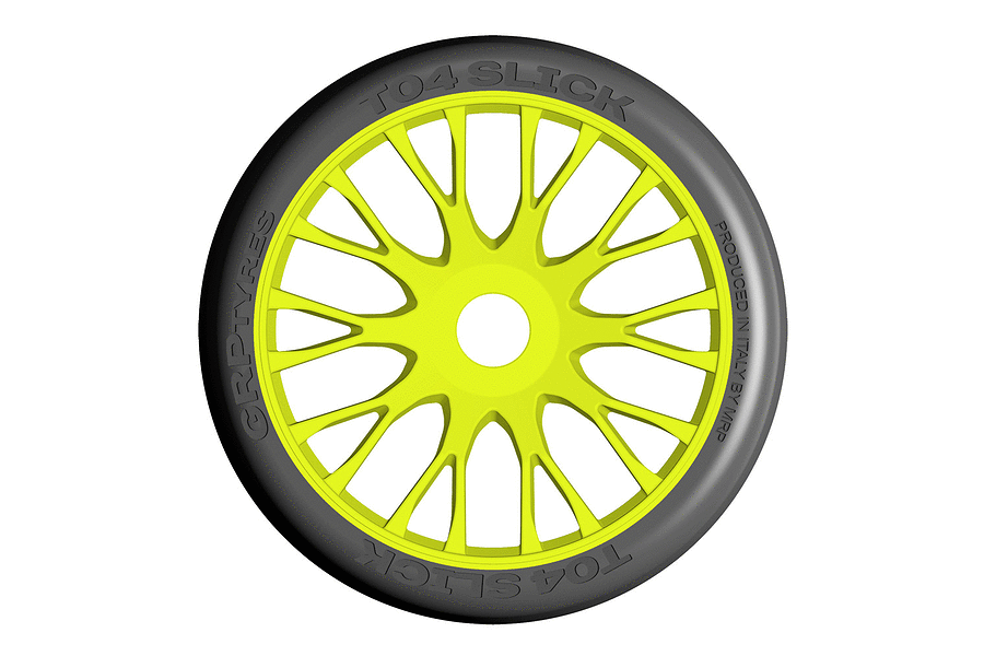 A single GRP T04 slick RC tyre mounted on a bright yellow multi-spoke wheel, viewed from the front against a white background.