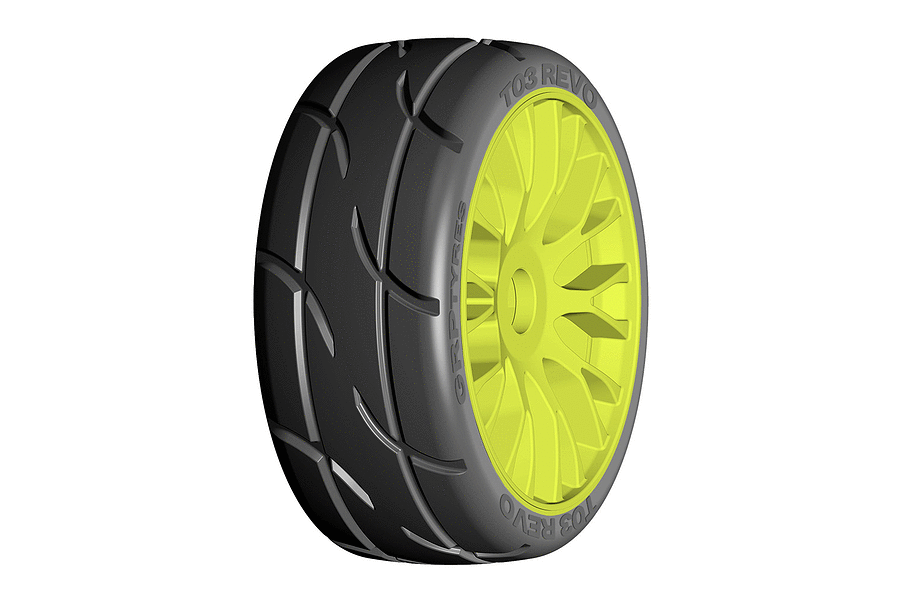 A single GRP T03 Revo RC car tyre mounted on a bright yellow multi-spoke rim against a white background.