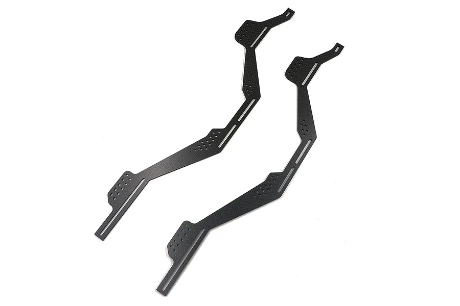 Two carbon fiber RC chassis frame rails with a distinct angled design and multiple mounting holes, isolated on a white background.