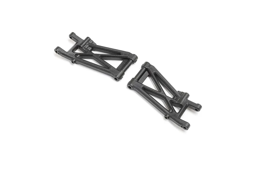 A pair of black molded plastic rear suspension arms for an RC car, marked with L and R indicators.