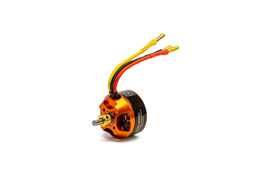 Spektrum Avian 4240 800Kv brushless outrunner motor with orange anodized housing and three pre-soldered bullet connectors.