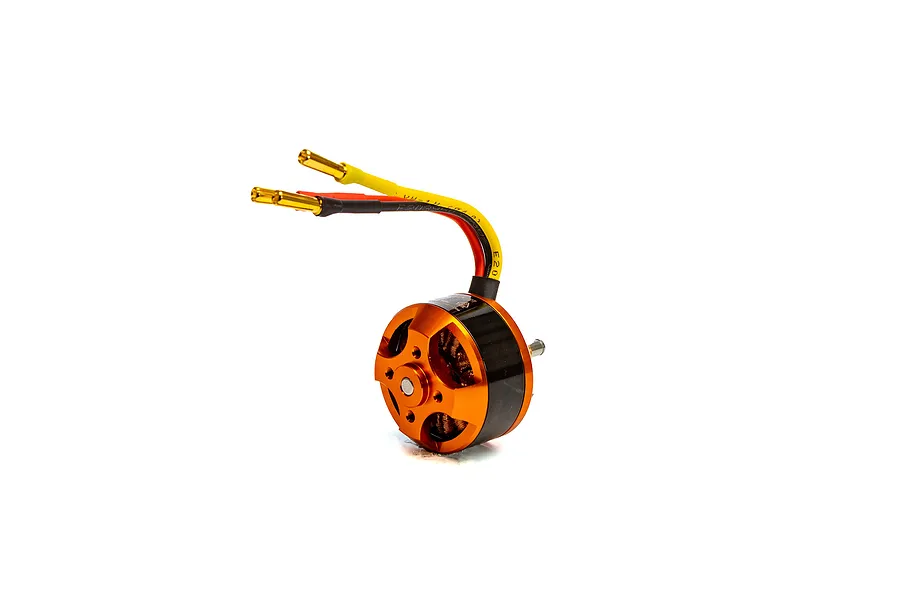 Spektrum Avian brushless outrunner motor with orange casing and two wires with gold bullet connectors against a white background.