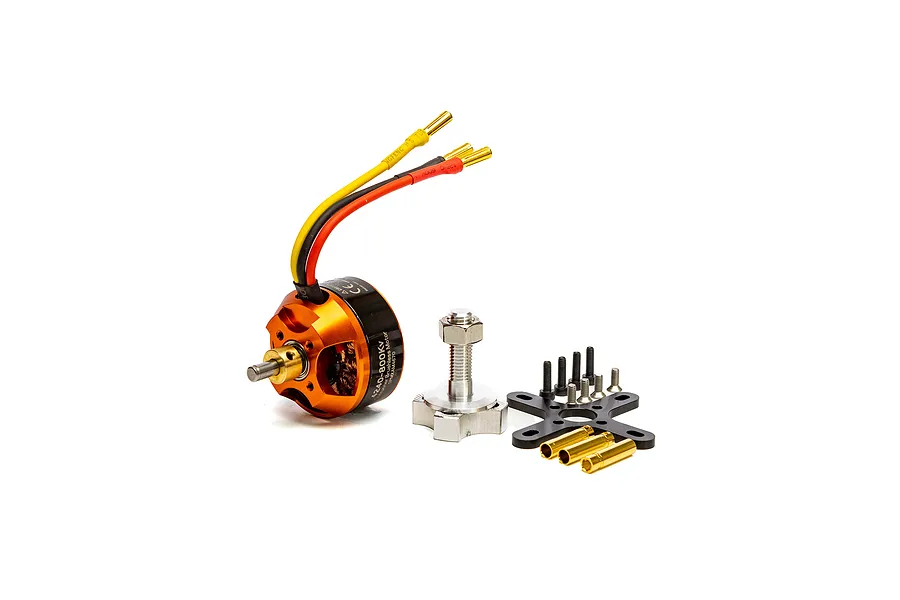 Spektrum Avian 4240 800Kv brushless outrunner motor with included prop adapter, mounting cross, and hardware on a white background.