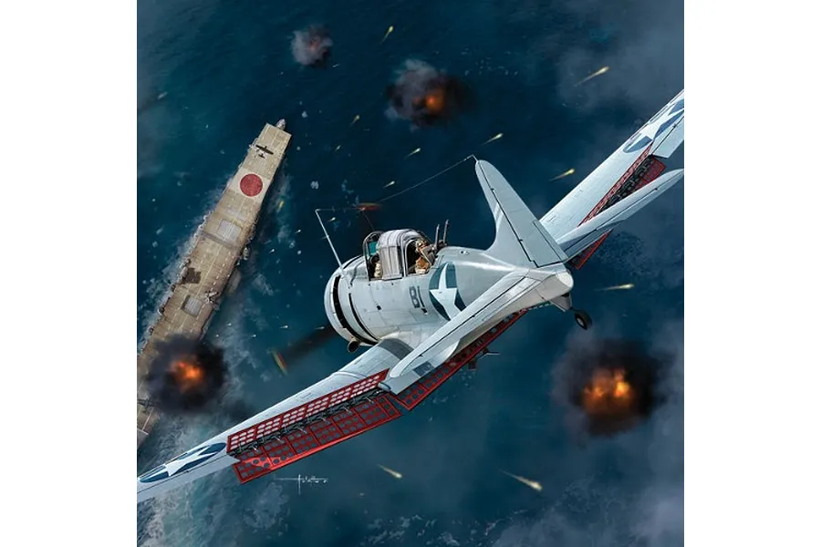 Box art illustration of a USN SBD-3 Dauntless dive bomber attacking a Japanese aircraft carrier during the Battle of Midway.