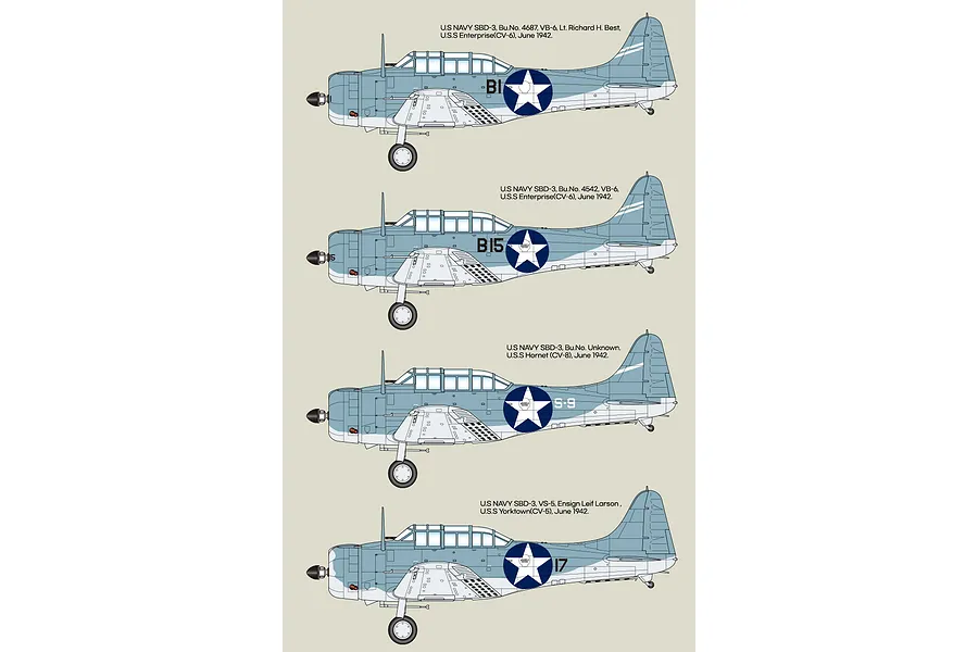 Four side-profile illustrations of the SBD-3 Dauntless dive bomber showing different paint schemes and markings for the Battle of Midway.