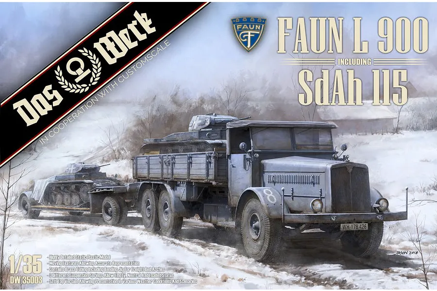 Box art for Das Werk 1/35 scale Faun L900 truck with Sd.Ah.115 trailer, showing the vehicle transporting a tank in a snowy landscape.