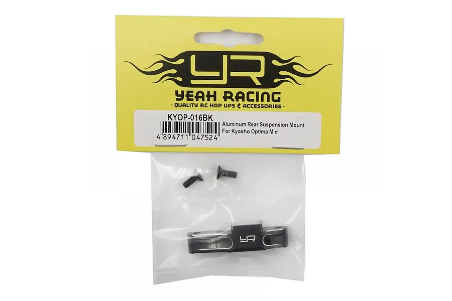Yeah Racing black aluminium rear suspension mount for Kyosho Optima Mid in retail packaging with two screws.