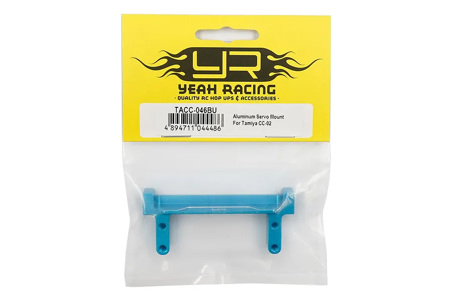 Yeah Racing blue aluminium servo mount for Tamiya CC-02 in original retail packaging.