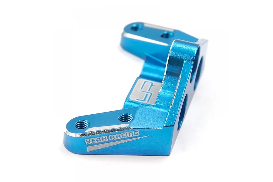 A blue anodized aluminium shock brace for Tamiya XV-02 by Yeah Racing, featuring laser-etched branding and mounting holes.