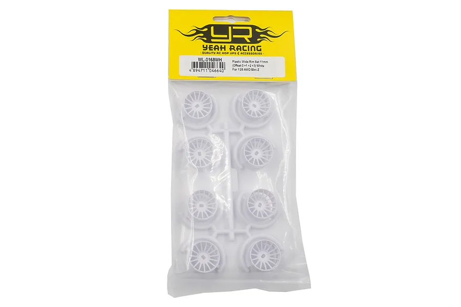 Yeah Racing 1/28 Mini-Z white wide rim set in original packaging, showing 8 rims on a plastic sprue.