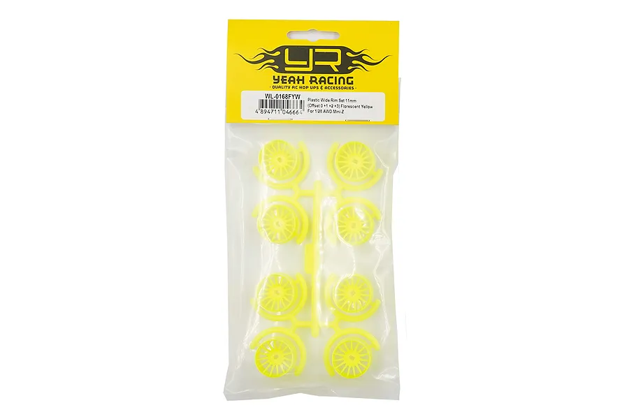 Yeah Racing 1/28 Mini-Z fluorescent yellow wide rim set in original plastic packaging on a white background.
