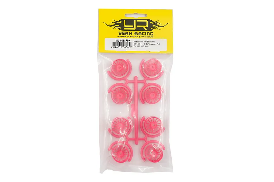 Yeah Racing 1/28 Mini-Z fluorescent pink wide rim set in original plastic packaging with header card.
