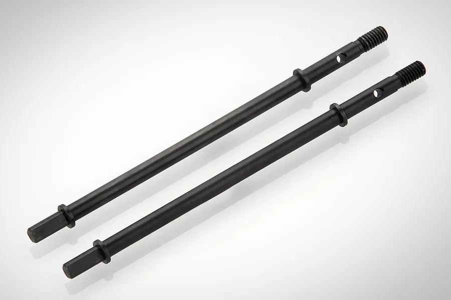 Two black metal RC driveshafts with hexagonal ends and threaded tips, isolated on a white background.