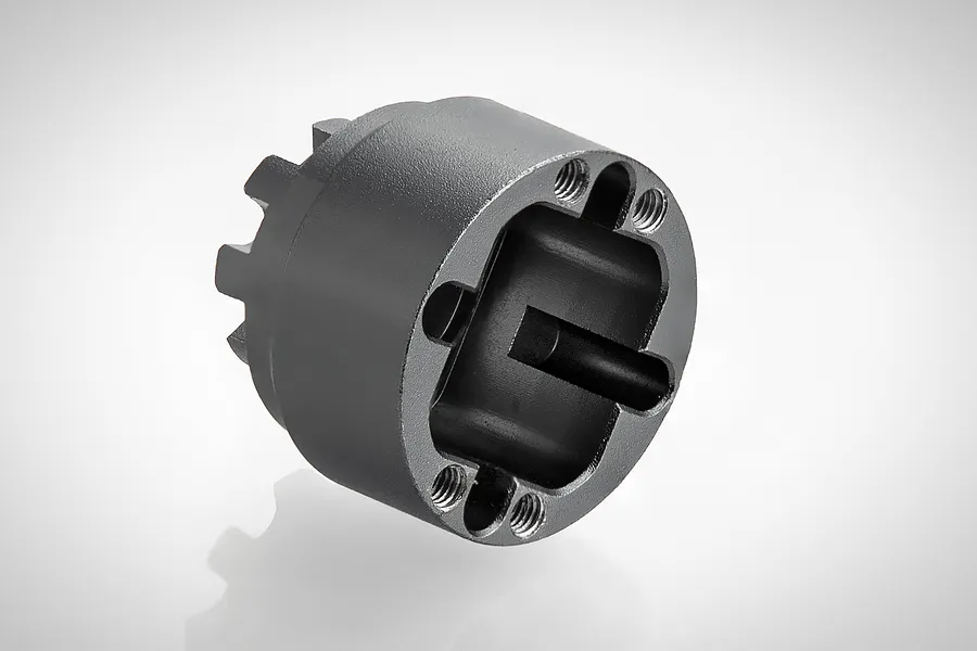 A black RGT aluminium differential case for RC cars, shown from an angled perspective against a white background.