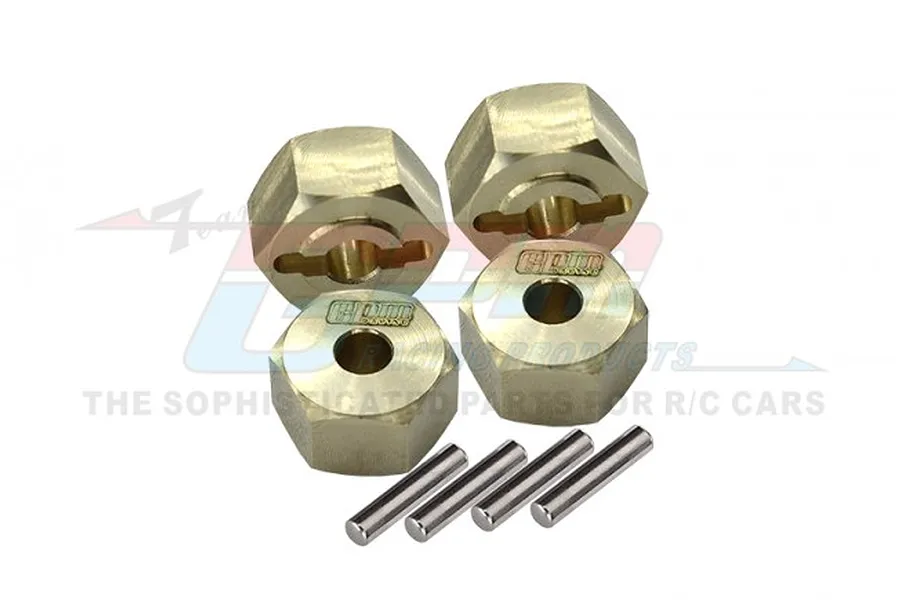 Four GPM Racing brass 12mm wheel hex adapters with four matching steel drive pins arranged on a white background.