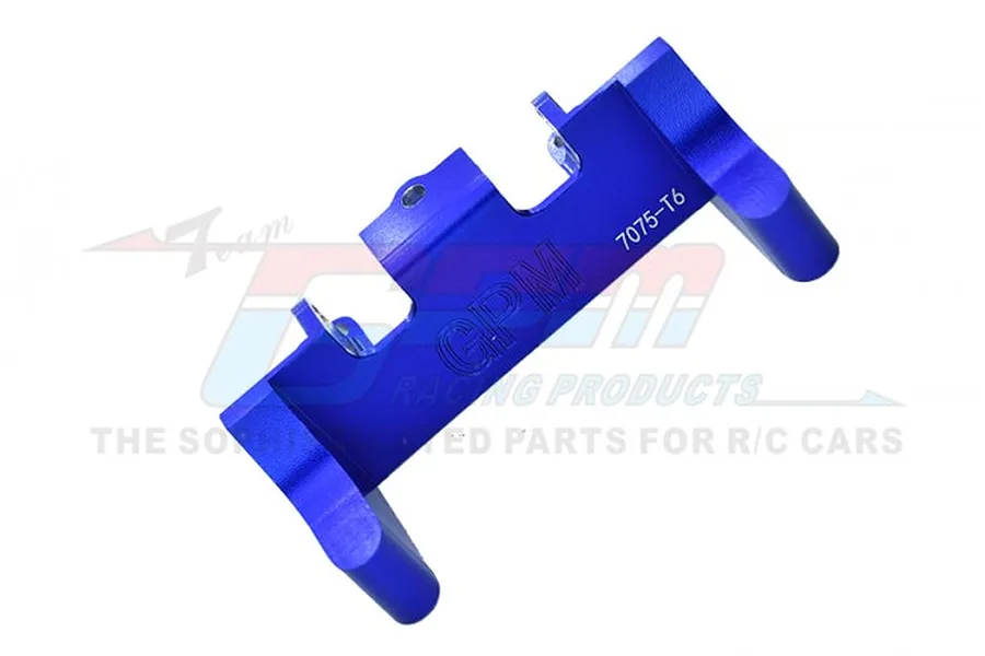 A blue anodized aluminium servo mount for RC cars by GPM Racing, featuring laser-etched branding and material specifications.