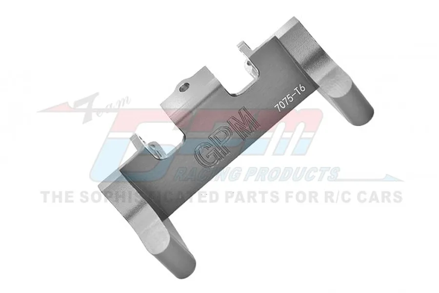 A silver aluminium servo mount for RC cars by GPM Racing, featuring a machined design with GPM and 7075-T6 branding.