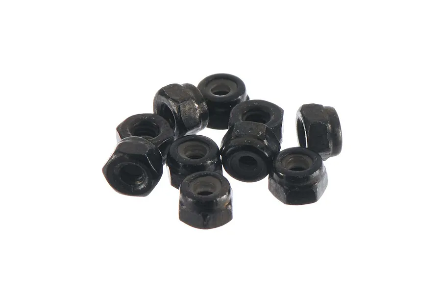 A small pile of ten black steel nyloc nuts for RC vehicles, shown against a plain white background.