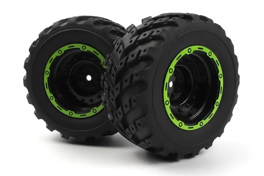 BlackZon 1.9&amp;quot; MT Tyres on Black/Green Dish Rims - Glued Wheels 2Pcs image 76124