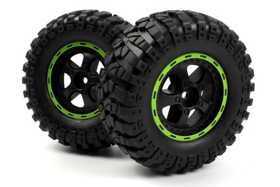 BlackZon 1.9&amp;quot; Desert Tyres on Black/Green Spoked Rims - Glued Wheels 2Pcs image 76126