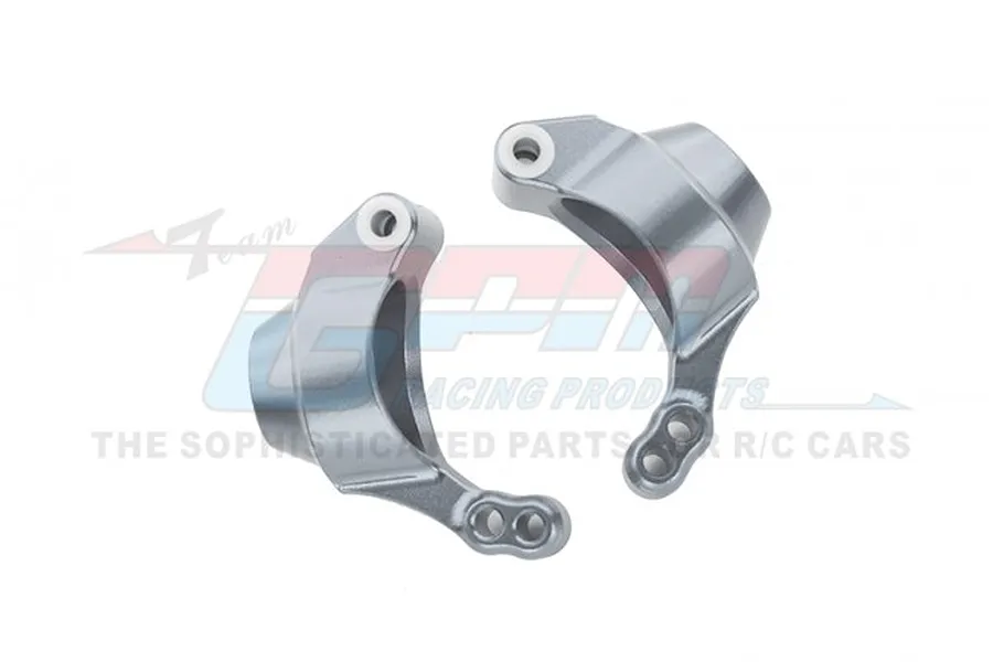 Two silver aluminium rear hub carriers for RC cars, shown from a top-down perspective against a white background with a faint GPM logo watermark.