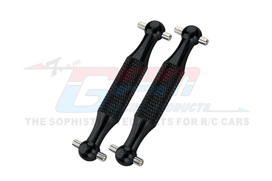 Two black aluminium RC driveshafts with knurled bodies and silver cross pins, displayed against a GPM Racing logo background.