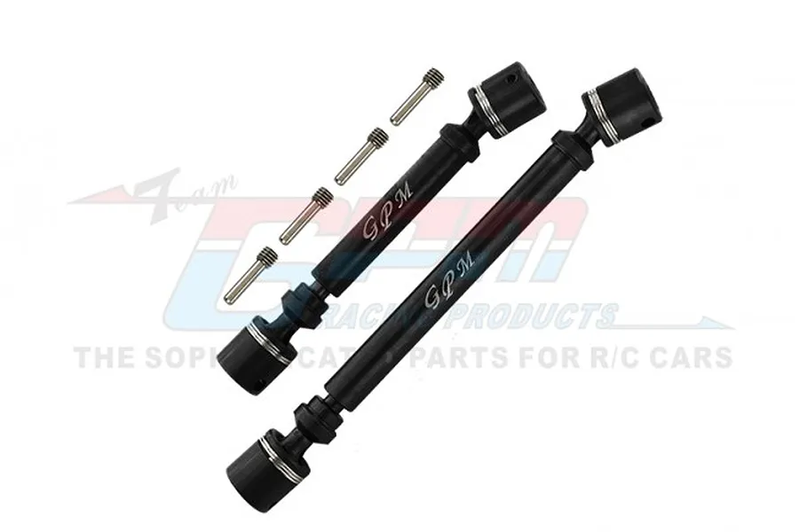 GPM Racing carbon steel centre CVD driveshaft set for RC cars, featuring two black driveshafts and four small metal pins against a branded background.