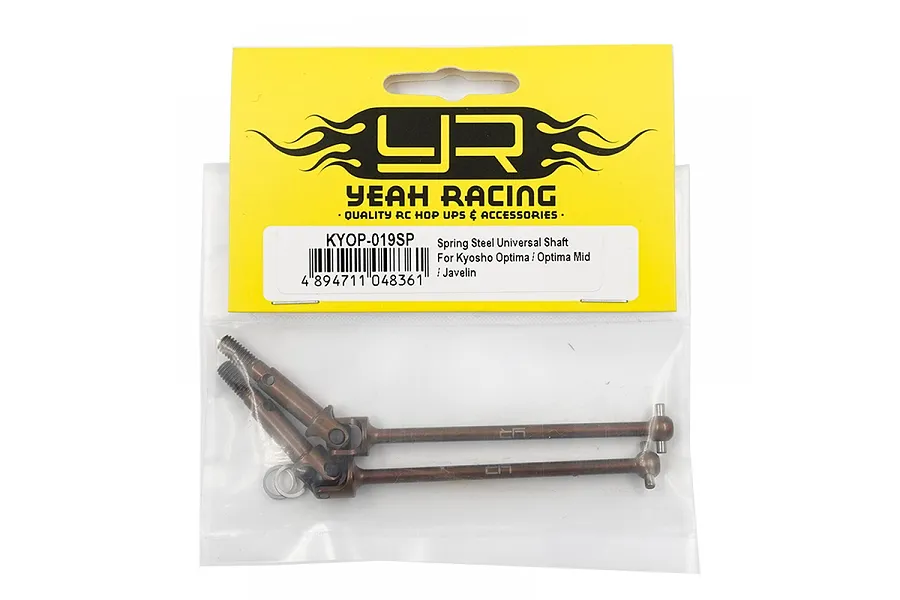 Yeah Racing Spring Steel CVD Driveshafts for Kyosho Optima in original yellow and clear plastic retail packaging.