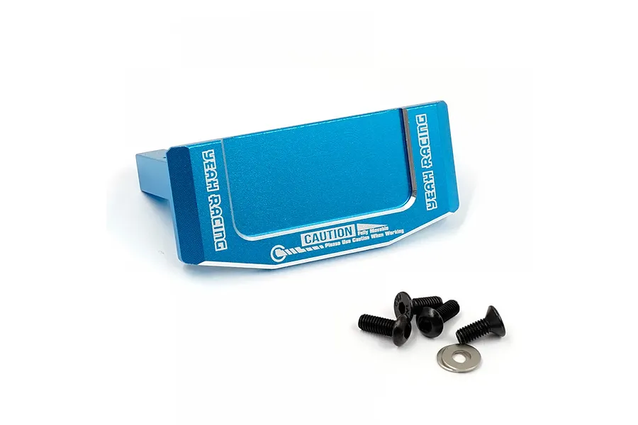 A blue anodized aluminium servo mount for RC cars by Yeah Racing, with included black screws and metal washers.
