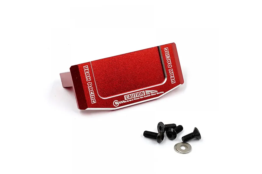 A red anodized aluminium Yeah Racing servo mount with included black screws and washers on a white background.