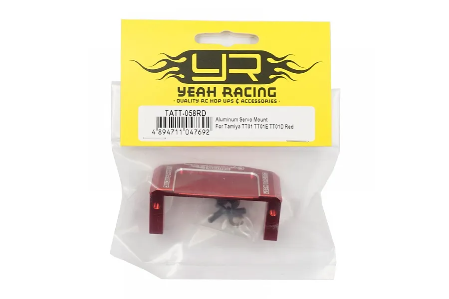 Yeah Racing red aluminium servo mount for Tamiya TT01 in original packaging.