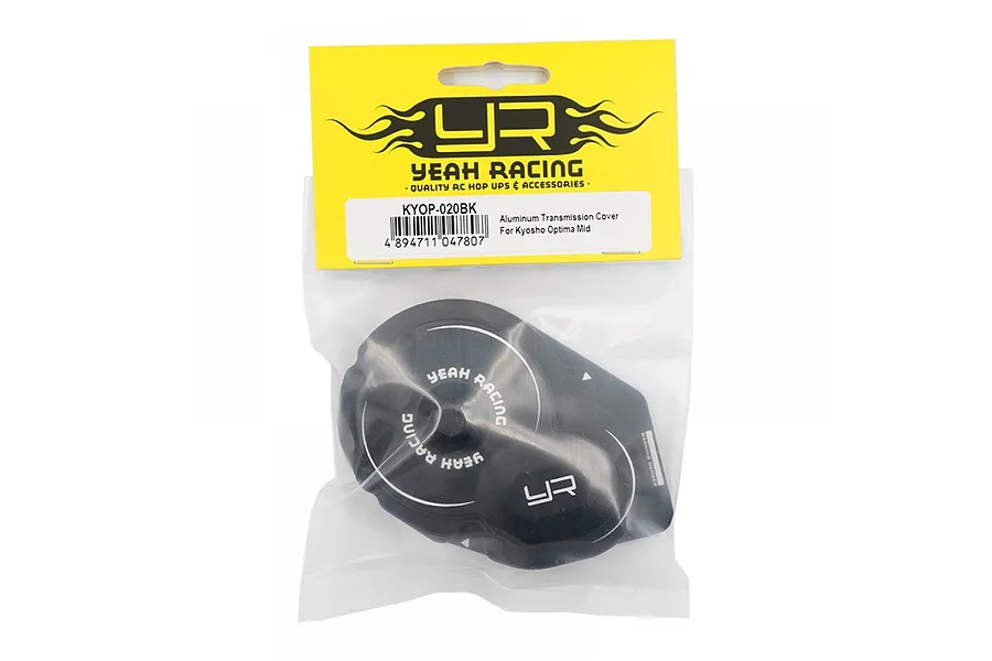 Yeah Racing black aluminium transmission gearbox cover for Kyosho Optima Mid in original retail packaging.