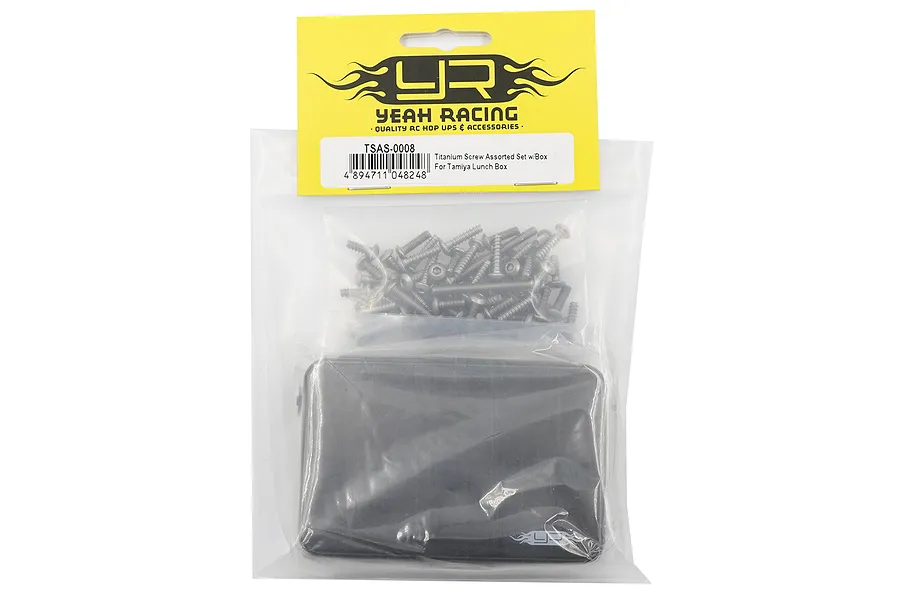 Yeah Racing titanium screw set for Tamiya Lunch Box in a plastic bag with a black storage box and yellow header card.