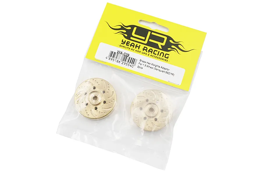 A pair of Yeah Racing brass wheel hex weights in their original yellow and clear plastic retail packaging.