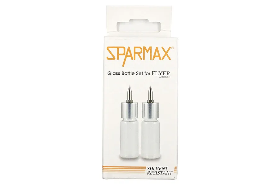 Sparmax Flyer SR Airbrush Glass Bottle Set in retail packaging showing two glass bottles with metal caps and nozzles.