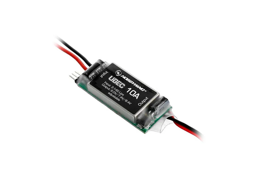 Hobbywing 10A UBEC module with input and output wires, featuring a black casing with white text on a white background.