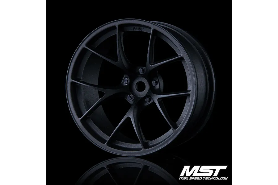 A single matte black MST RID RC wheel rim viewed from the front against a black background.