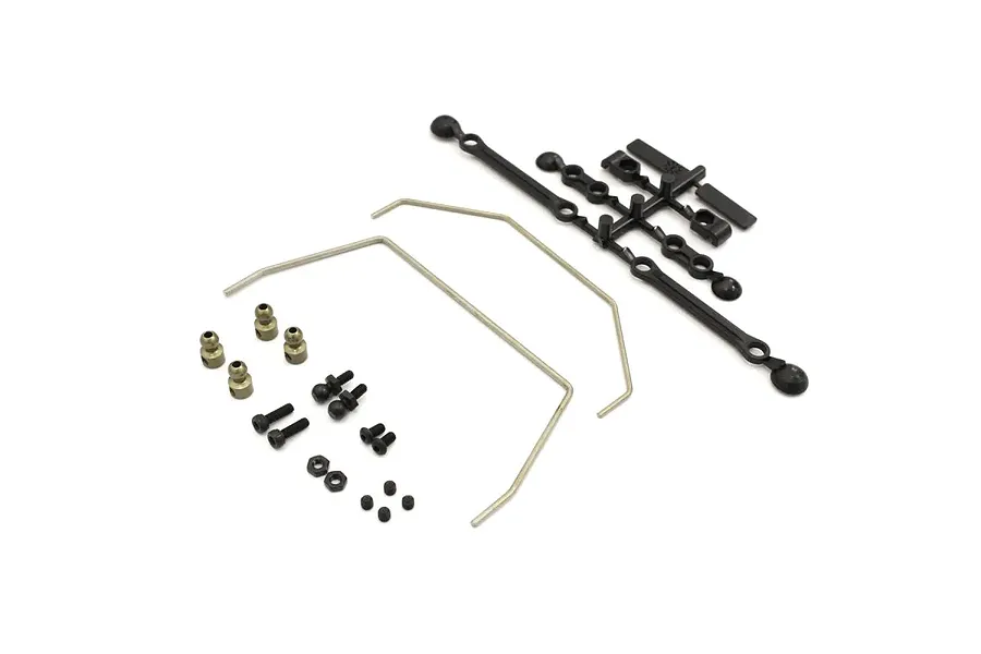 Kyosho Ultima sway bar set including two metal sway bars, plastic ball ends on a sprue, and various small screws, nuts, and ball studs.