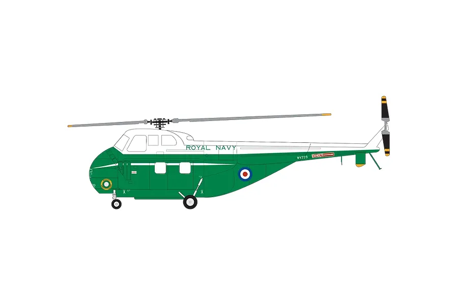 A digital side-profile illustration of a Royal Navy Westland Whirlwind helicopter in green and white livery.