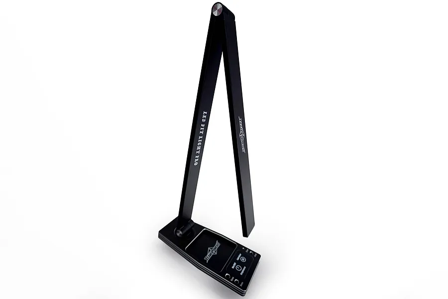 Team Powers LED Pit Light Pro in black, featuring a foldable arm design with branding and touch-sensitive controls on the base.