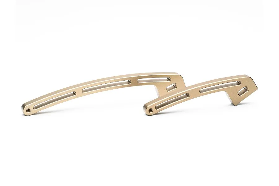 Two gold-coloured aluminium RC chassis braces with slotted cutouts, shown against a plain white background.