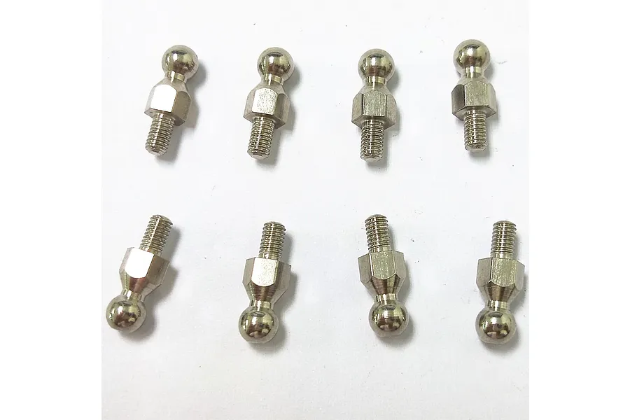 A set of eight silver-coloured metal ball studs for RC vehicles arranged in two rows of four on a white background.