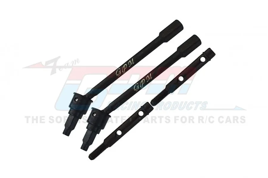 Two black metal CVD driveshafts and two threaded wheel axles from GPM Racing, displayed against a branded background.
