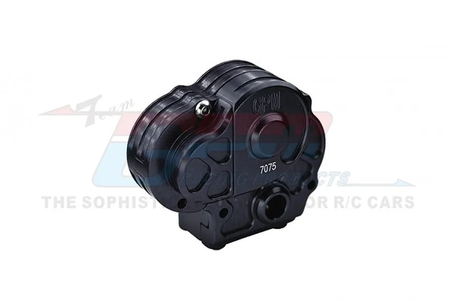 A black anodized aluminium gearbox case for an RC car, featuring the GPM logo and 7075 marking, shown against a white background.